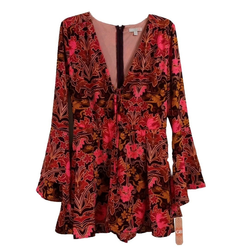 Gianni Bini Floral Long Sleeve Romper/Jumpsuit Pockets Size Large Multi-Color